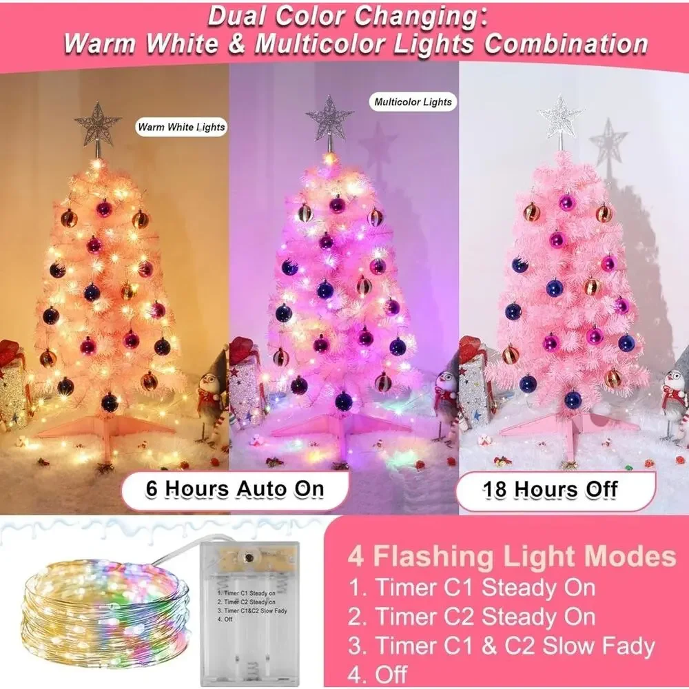 3FT Pink Christmas Tree Tinsel Fariy LED Ornament Battery Xmas Table Decor s3